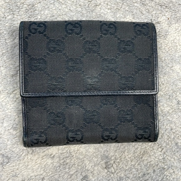 Vintage Gucci Monogram GG Bifold Wallet Black Canvas Metal Clasp Horsebit - Picture 7 of 17